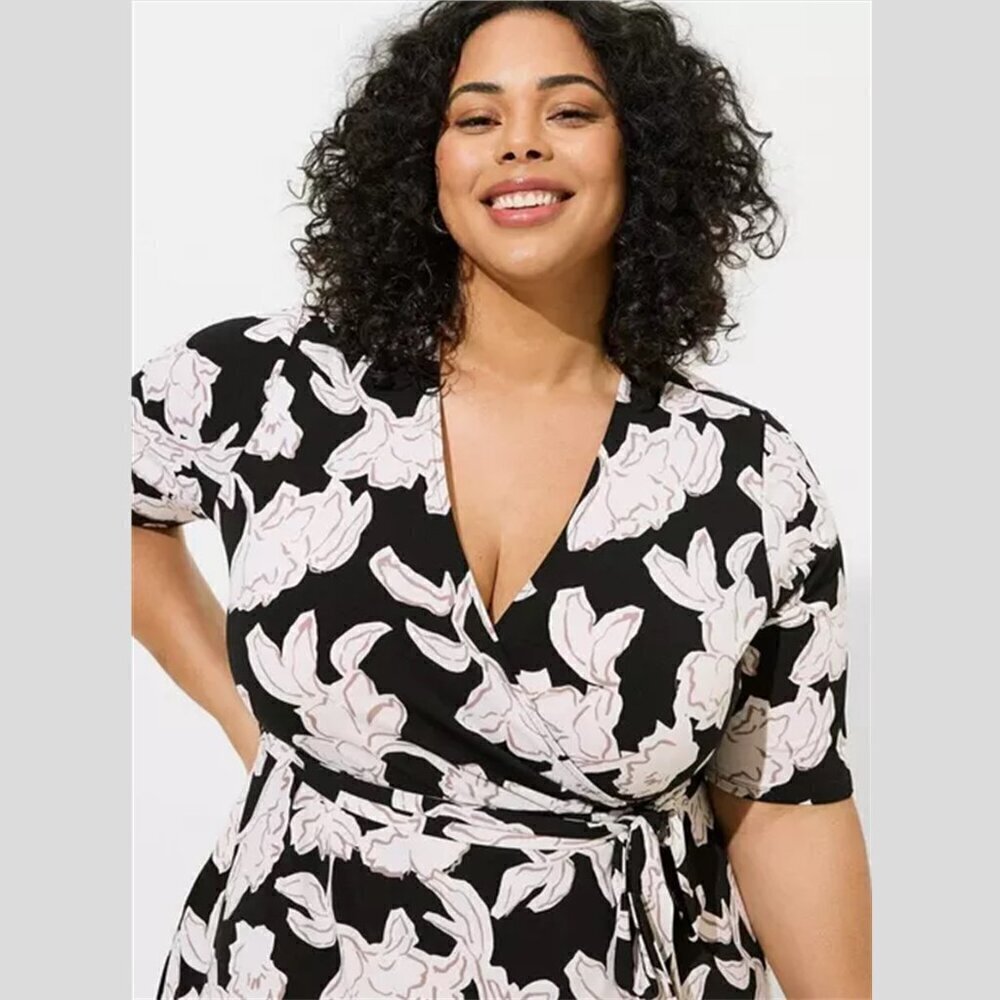 Torrid - Surplice Wrap Midi Dress in Sketched Floral, Deep Black​​​​​​